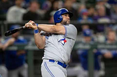 SEATTLE, WA – AUGUST 2: Kendrys Morales #8 of the Toronto Blue Jays hits two-run home run off of relief pitcher Juan Nicasio #12 of the Seattle Mariners that also scored Randal Grichuk #15 of the Toronto Blue Jays during the seventh inning a game at Safeco Field on August 2, 2018, in Seattle, Washington. (Photo by Stephen Brashear/Getty Images)