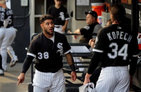 CHICAGO, IL – AUGUST 21: Omar Narvaez #38 of the Chicago White Sox (L) talks with Michael Kopech #34 in the dugout after the first inning against the Minnesota Twins at Guaranteed Rate Field on August 21, 2018 in Chicago, Illinois. (Photo by Jon Durr/Getty Images)