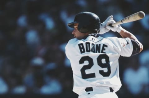 Bret Boone #29 and Second Baseman for the Seattle Mariners at bat during the Major League Baseball American League West game against the Baltimore Orioles on 9 September 2001 at Safeco Field, Seattle, Washington, United States. The Mariners won the game 6 – 0. (Photo by Otto Greule Jr/Getty Images)