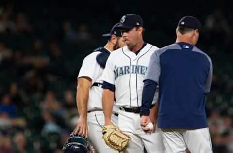 SEATTLE, WA – SEPTEMBER 04: Zach Duke #33 of the Seattle Mariners makes a face as he is taken out of the game by manager Scott Servais after allowing a run in the seventh inning against the Baltimore Orioles at Safeco Field on September 4, 2018 in Seattle, Washington. (Photo by Lindsey Wasson/Getty Images)