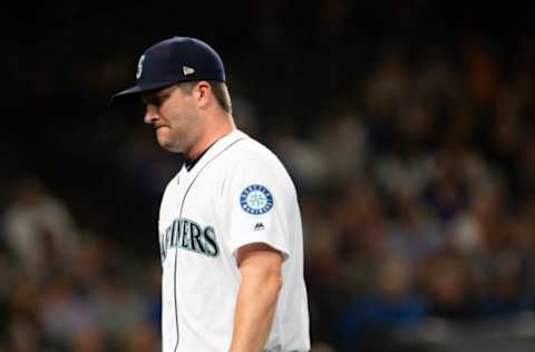 SEATTLE, WA – SEPTEMBER 04: Adam Warren #43 of the Seattle Mariners walks off the field after allowing two hits and a run against the Baltimore Orioles in the seventh inning at Safeco Field on September 4, 2018 in Seattle, Washington. (Photo by Lindsey Wasson/Getty Images)