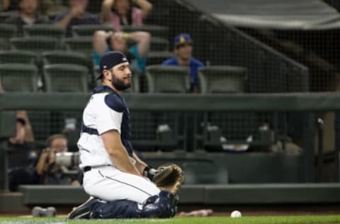 SEATTLE, WA – SEPTEMBER 04: David Freitas #36 of the Seattle Mariners reacts after dropping a routine pop fly hit by Cedric Mullins #3 of the Baltimore Orioles in the eighth inning at Safeco Field on September 4, 2018 in Seattle, Washington. (Photo by Lindsey Wasson/Getty Images)