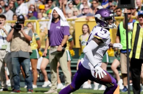 GREEN BAY, WI – SEPTEMBER 16: Stefon Diggs #14 scores a touchdown during the fourth quarter of a game against the Green Bay Packers at Lambeau Field on September 16, 2018 in Green Bay, Wisconsin. (Photo by Jonathan Daniel/Getty Images)