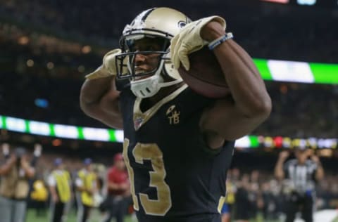 NEW ORLEANS, LA – SEPTEMBER 16: Michael Thomas #13 of the New Orleans Saints celebrates his touchdown during the fourth quarter against the Cleveland Browns at Mercedes-Benz Superdome on September 16, 2018 in New Orleans, Louisiana. (Photo by Sean Gardner/Getty Images)