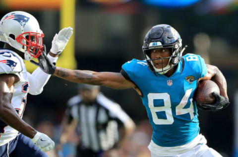 JACKSONVILLE, FL – SEPTEMBER 16: Keelan Cole #84 of the Jacksonville Jaguars attempts to run past Jason McCourty #30 of the New England Patriots during the game at TIAA Bank Field on September 16, 2018 in Jacksonville, Florida. (Photo by Sam Greenwood/Getty Images)