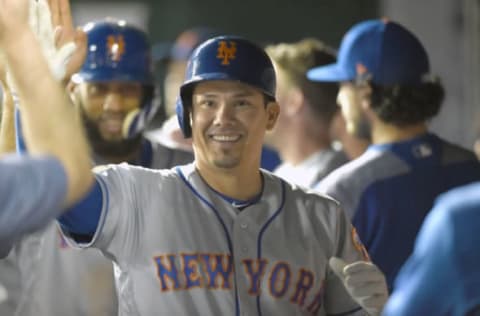 WASHINGTON, DC – SEPTEMBER 20: Jose Lobaton #59 of the New York Mets celebrates after driving in Amed Rosario #1(not pictured) on a sac fly in the 12th inning during a baseball game against the Washington Nationals at Nationals Park on September 20, 2018 in Washington, DC. (Photo by Mitchell Layton/Getty Images)