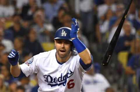 LOS ANGELES, CA – SEPTEMBER 21: Brian Dozier #6 of the Los Angeles Dodgers reacts as he flips his bat after flying out in the fifth inning against the San Diego Padres at Dodger Stadium on September 2, 2018 in Los Angeles, California. (Photo by Jayne Kamin-Oncea/Getty Images)