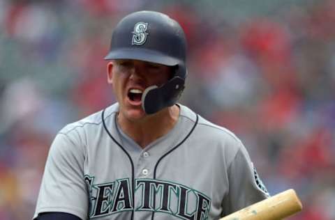 ARLINGTON, TX – SEPTEMBER 23: Ryon Healy #27 of the Seattle Mariners reacts after striking out in the eighth inning against the Texas Rangers at Globe Life Park in Arlington on September 23, 2018 in Arlington, Texas. (Photo by Richard Rodriguez/Getty Images)