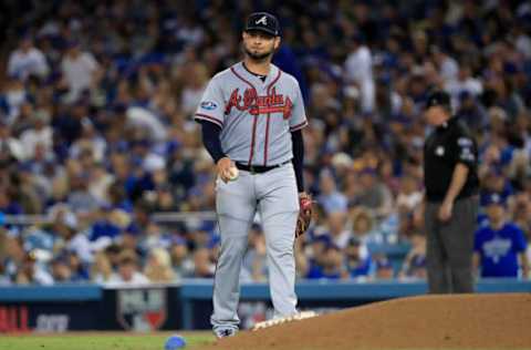 LOS ANGELES, CA – OCTOBER 05: Anibal Sanchez #19 of the Atlanta Braves reacts after allowing a base hit during the fifth inning against the Los Angeles Dodgers during Game Two of the National League Division Series at Dodger Stadium on October 5, 2018, in Los Angeles, California. (Photo by Sean M. Haffey/Getty Images)