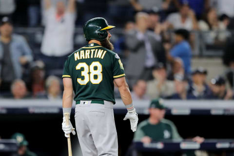 NEW YORK, NEW YORK – OCTOBER 03: Nick Martini #38 of the Oakland Athletics reacts after being struck out by Luis Severino #40 of the New York Yankees during the first inning in the American League Wild Card Game at Yankee Stadium on October 03, 2018 in the Bronx borough of New York City. (Photo by Elsa/Getty Images)