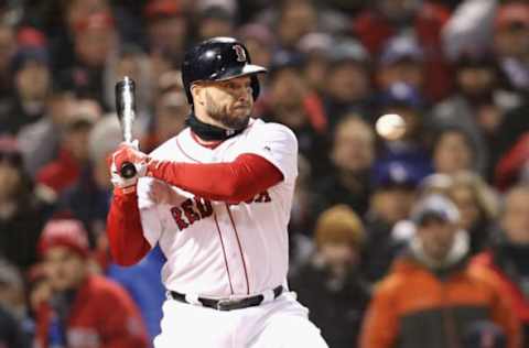 BOSTON, MA – October 24: Steve Pearce #25 of the Boston Red Sox takes ball four for an RBI walk during the fifth inning against the Los Angeles Dodgers in Game Two of the 2018 World Series at Fenway Park on October 24, 2018, in Boston, Massachusetts. (Photo by Maddie Meyer/Getty Images)