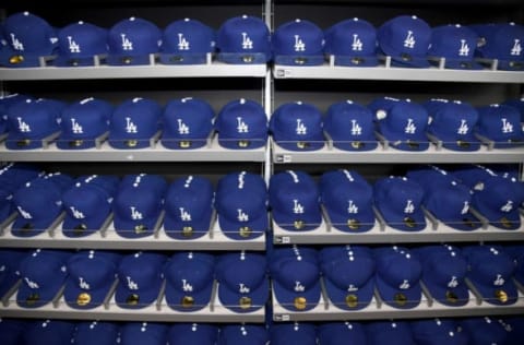 LOS ANGELES, CA – OCTOBER 25: Los Angeles Dodgers baseball caps on sale at the store at Dodger Stadium on October 25, 2018, in Los Angeles, California. (Photo by Harry How/Getty Images)