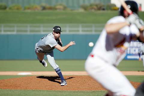 SURPRISE, AZ – OCTOBER 17: Wyatt Mills of the Peoria Javelinas and Seattle Mariners pitches. (Photo by Joe Robbins/Getty Images)