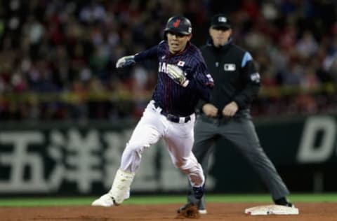 HIROSHIMA, JAPAN – NOVEMBER 13: Outfielder Shogo Akiyama #55 of Japan runs to make an inside-the-park home run in the top of 8th inning during the game four between Japan and MLB All-Stars at Mazda Zoom Zoom Stadium Hiroshima on November 13, 2018, in Hiroshima, Japan. (Photo by Kiyoshi Ota/Getty Images)