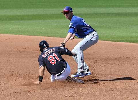 GOODYEAR, AZ – FEBRUARY 25: Pinch runner Mark Mathias #81 of the Cleveland Indians is forced out at second base as Eli White #80 of the Texas Rangers turns a double play during the fourth inning of a spring training game at Goodyear Ballpark on February 25, 2019 in Goodyear, Arizona. (Photo by Norm Hall/Getty Images)