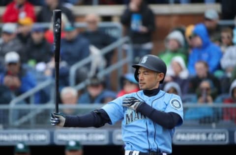 PEORIA, ARIZONA – FEBRUARY 22: Ichiro Suzuki #51 of the Seattle Mariners bats against the Oakland Athletics during the third inning of the MLB spring training game at Peoria Stadium on February 22, 2019 in Peoria, Arizona. (Photo by Christian Petersen/Getty Images)