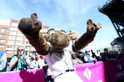 SEATTLE, WA – MARCH 28: Mariner Moose attends the ribbon-cutting ceremony to officially open T-Mobile Park against the Seattle Mariners and Boston Red Sox during their Opening Day game at T-Mobile Park on March 28, 2019, in Seattle, Washington. (Photo by Abbie Parr/Getty Images)