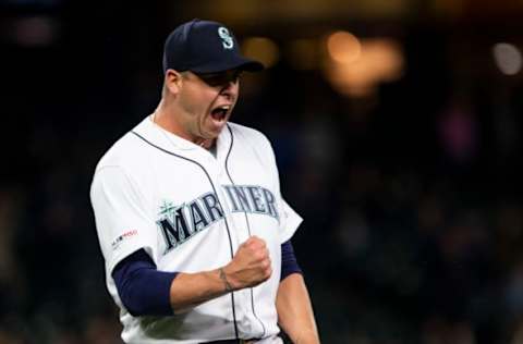 SEATTLE, WA – APRIL 02: Pitcher Anthony Swarzak #30 of the Seattle Mariners celebrates closing out the game against the Los Angeles Angels of Anaheim at T-Mobile Park on April 2, 2019 in Seattle, Washington. The Seattle Mariners beat the Los Angeles Angels of Anaheim 2-1. (Photo by Lindsey Wasson/Getty Images)