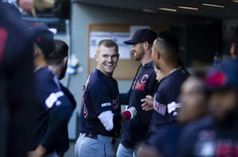 SEATTLE, WA – APRIL 17: Jake Bauers #10 of the Cleveland Indians smiles in the dugout after hitting a home run against the Seattle Mariners in the fifth inning at T-Mobile Park on April 17, 2019, in Seattle, Washington. (Photo by Lindsey Wasson/Getty Images)