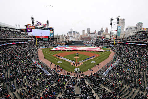 DETROIT, MICHIGAN – APRIL 04: General view of the National Anthem prior to a game between the Kansas City Royals and the Detroit Tigers during Opening Day at Comerica Park on April 04, 2019 in Detroit, Michigan. (Photo by Gregory Shamus/Getty Images)