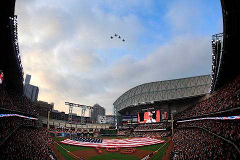 HOUSTON, TEXAS – APRIL 05: Opening Day ceremonies with flyover at Minute Maid Park on April 05, 2019 in Houston, Texas. (Photo by Bob Levey/Getty Images)