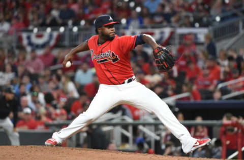 ATLANTA, GEORGIA – APRIL 05: Arodys Vizcaino #38 of the Atlanta Braves pitches during the game against the Miami Marlins at SunTrust Park on April 05, 2019 in Atlanta, Georgia. (Photo by Logan Riely/Getty Images)