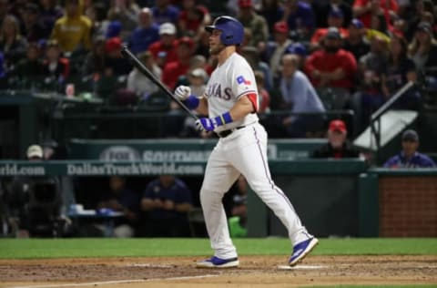 ARLINGTON, TEXAS – APRIL 12: Patrick Wisdom #21 of the Texas Rangers at Globe Life Park in Arlington on April 12, 2019, in Arlington, Texas. (Photo by Ronald Martinez/Getty Images)