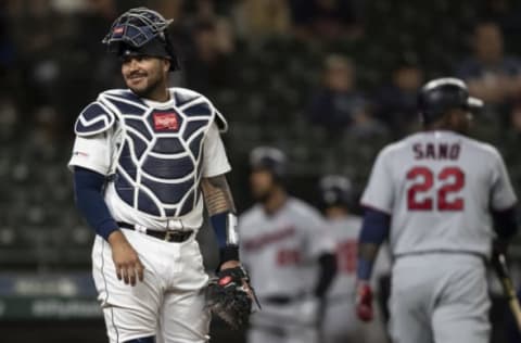 SEATTLE, WA – MAY 18: Catcher Omar Narvaez #22 of the Seattle Mariners smiles as he looks toward the dugout after relief pitcher Tom Murphy #2 of the Seattle Mariners, who is on the roster as a position player, struck out Miguel Sano #22 of the Minnesota Twins during the ninth inning of a game at T-Mobile Park on May 18, 2019, in Seattle, Washington. The Twins won 18-4. (Photo by Stephen Brashear/Getty Images)