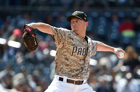 SAN DIEGO, CA – MAY 19: Robbie Erlin #41 of the San Diego Padres pitches during the sixth inning of a baseball game against the Pittsburgh Pirates at Petco Park May 19, 2019 in San Diego, California. (Photo by Denis Poroy/Getty Images)