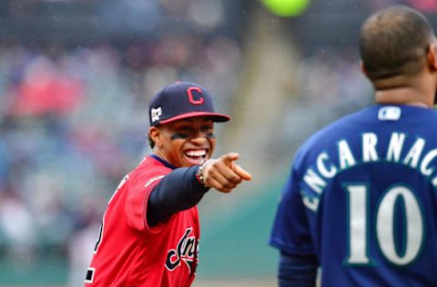 CLEVELAND, OHIO – MAY 04: Francisco Lindor #12 of the Cleveland Indians taunts Edwin Encarnacion #10 of the Seattle Mariners after Encarnacion was called out at first on review to end the top of the sixth inning at Progressive Field on May 04, 2019, in Cleveland, Ohio. (Photo by Jason Miller/Getty Images)