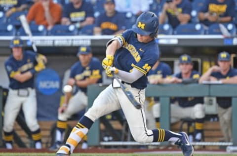 OMAHA, NE – JUNE 26: Jesse Franklin #7 of the Michigan Wolverines singles in the first inning against the Vanderbilt Commodores during game three of the College World Series Championship Series on June 26, 2019, at TD Ameritrade Park Omaha in Omaha, Nebraska. (Photo by Peter Aiken/Getty Images)