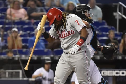 MIAMI, FL – JUNE 30: Maikel Franco #7 of the Philadelphia Phillies hits his helmet with his bat after striking out in the second inning against the Miami Marlins at Marlins Park on June 30, 2019 in Miami, Florida. (Photo by Eric Espada/Getty Images)