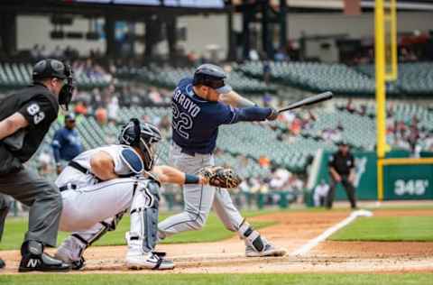 DETROIT, MI – JUNE 06: Christian Arroyo #22 of the Tampa Bay Rays swings and makes contact against the Detroit Tigers during an MLB game at Comerica Park on June 6, 2019, in Detroit, Michigan. Tampa defeated Detroit 6-1. (Photo by Dave Reginek/Getty Images)