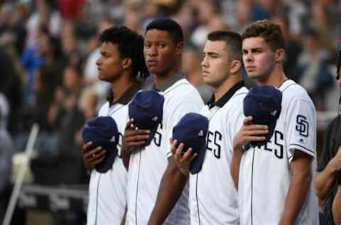 SAN DIEGO, CA – JUNE 8: San Diego Padres draft picks, from right, Matt Brash, Logan Driscoll, Joshua Mears and C.J Abrams, stand at home plate. Matt Brash is now a member of the Seattle Mariners. (Photo by Denis Poroy/Getty Images)