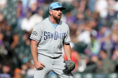 DENVER, COLORADO – JUNE 16: Pitcher Kirby Yates of the San Diego Padres celebrates the last out. Yates is a potential Mariners free-agent target. (Photo by Matthew Stockman/Getty Images)