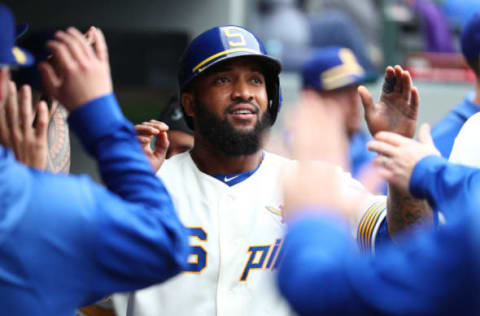 SEATTLE, WASHINGTON – JUNE 22: Domingo Santana #16 celebrates after scoring off an RBI double by Daniel Vogelbach #20 of the Seattle Mariners in the first inning during their game at T-Mobile Park on June 22, 2019, in Seattle, Washington. (Photo by Abbie Parr/Getty Images)