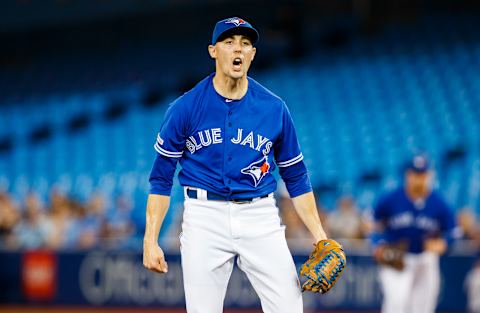 TORONTO, ONTARIO – JULY 28: Aaron Sanchez #41 of the Toronto Blue Jays reacts during play against the Tampa Bay Rays in the first inning during their MLB game at the Rogers Centre on July 28, 2019 in Toronto, Canada. (Photo by Mark Blinch/Getty Images)