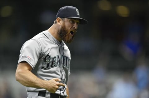 MILWAUKEE, WISCONSIN – JUNE 25: Austin Adams #63 of the Seattle Mariners reacts after getting the strikeout to end the sixth inning against the Milwaukee Brewers at Miller Park on June 25, 2019 in Milwaukee, Wisconsin. (Photo by Quinn Harris/Getty Images)