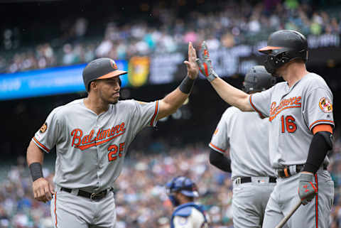 SEATTLE, WA – JUNE 23: The Baltimore Orioles celebrate against the Mariners after scoring. (Photo by Stephen Brashear/Getty Images)