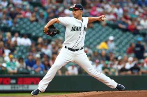 SEATTLE, WASHINGTON – JULY 06: Marco Gonzales #7 of the Seattle Mariners pitches against the Oakland Athletics in the first inning during their game at T-Mobile Park on July 06, 2019 in Seattle, Washington. (Photo by Abbie Parr/Getty Images)