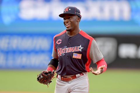 CLEVELAND, OHIO – JULY 07: Left fielder Taylor Trammell of the Mariners reacts after catching a hit by Evan White. Avengers.  (Photo by Jason Miller/Getty Images)