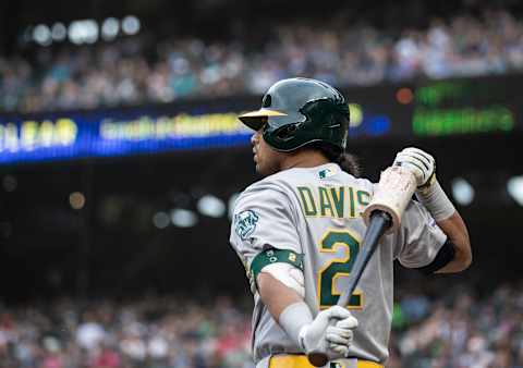 SEATTLE, WA – JULY 05: Khris Davis of the Athletics warms up in the on deck circle before an at-bat against the Mariners. (Photo by Stephen Brashear/Getty Images)