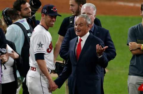 CLEVELAND, OHIO – JULY 09: MLB commissioner Rob Manfred and All-Star game MVP Shane Bieber #57 of the Cleveland Indians during the 2019 MLB All-Star Game at Progressive Field on July 09, 2019 in Cleveland, Ohio. (Photo by Kirk Irwin/Getty Images).