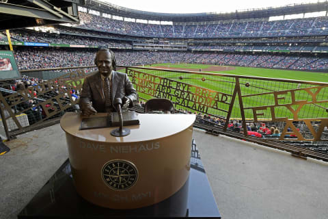 SEATTLE, WASHINGTON – JULY 03: The statue dedicated to Hall of Fame broadcaster Dave Niehaus is seen during the game between the Seattle Mariners and the Cardinals. (Photo by Steven Ryan/Getty Images)