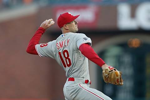 SAN FRANCISCO, CALIFORNIA – AUGUST 09: Drew Smyly #18 of the Philadelphia Phillies pitches in the bottom of the first inning against the San Francisco Giants at Oracle Park on August 09, 2019 in San Francisco, California. (Photo by Lachlan Cunningham/Getty Images)