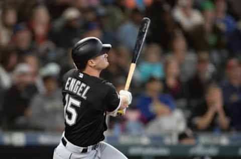 SEATTLE, WA – SEPTEMBER 15: Adam Engel #15 of the Chicago White Sox hits a three-run home run off of starting pitcher Justus Sheffield #33 of the Seattle Mariners that also scored Yolmer Sanchez #5 of the Chicago White Sox and Zack Collins #38 during the fifth inning of a game at T-Mobile Park on September 15, 2019 in Seattle, Washington. (Photo by Stephen Brashear/Getty Images)