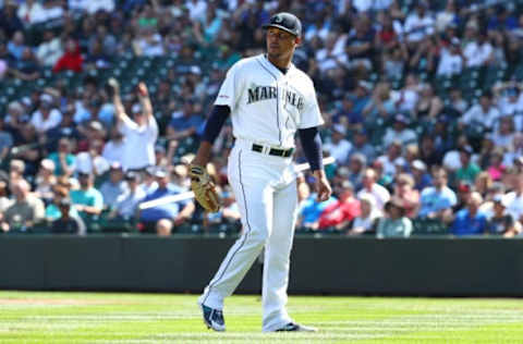 SEATTLE, WASHINGTON – AUGUST 28: Justus Sheffield #33 of the Seattle Mariners reacts after giving up a two-run home run against Gary Sanchez #24 of the New York Yankees in the first inning during their game at T-Mobile Park on August 28, 2019, in Seattle, Washington. (Photo by Abbie Parr/Getty Images)