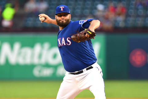 ARLINGTON, TEXAS – AUGUST 29: Lance Lynn #35 of the Texas Rangers pitches against the Seattle Mariners in the top of the first inning at Globe Life Park in Arlington on August 29, 2019 in Arlington, Texas. (Photo by C. Morgan Engel/Getty Images)