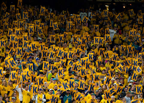 SEATTLE, WA – SEPTEMBER 26: The King’s Court holds up “K” signs as Felix Hernandez #34 of the Seattle Mariners pitches against the Oakland Athletics at T-Mobile Park on September 26, 2019 in Seattle, Washington. (Photo by Lindsey Wasson/Getty Images)