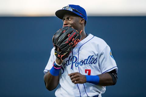 AMARILLO, TEXAS – AUGUST 02: Taylor Trammell of the Seattle Mariners (photo taken when with Amarillo Sod Poodles) talks under his glove. He is playing in the Instructional League. (Photo by John E. Moore III/Getty Images)